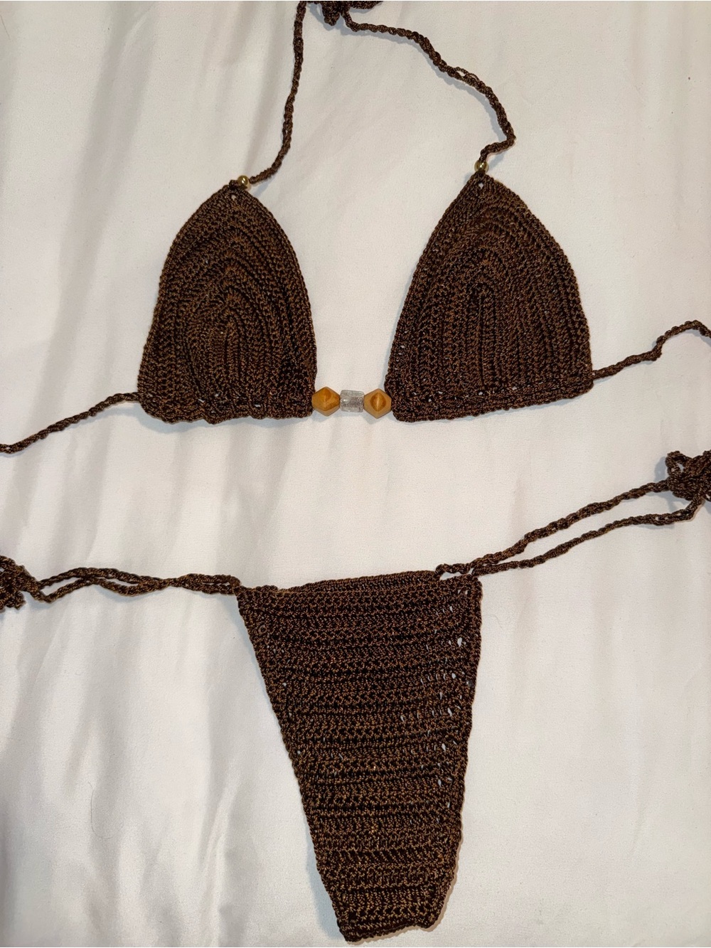 Handmade Brown Crochet brownTie Bikini Set - Unbranded